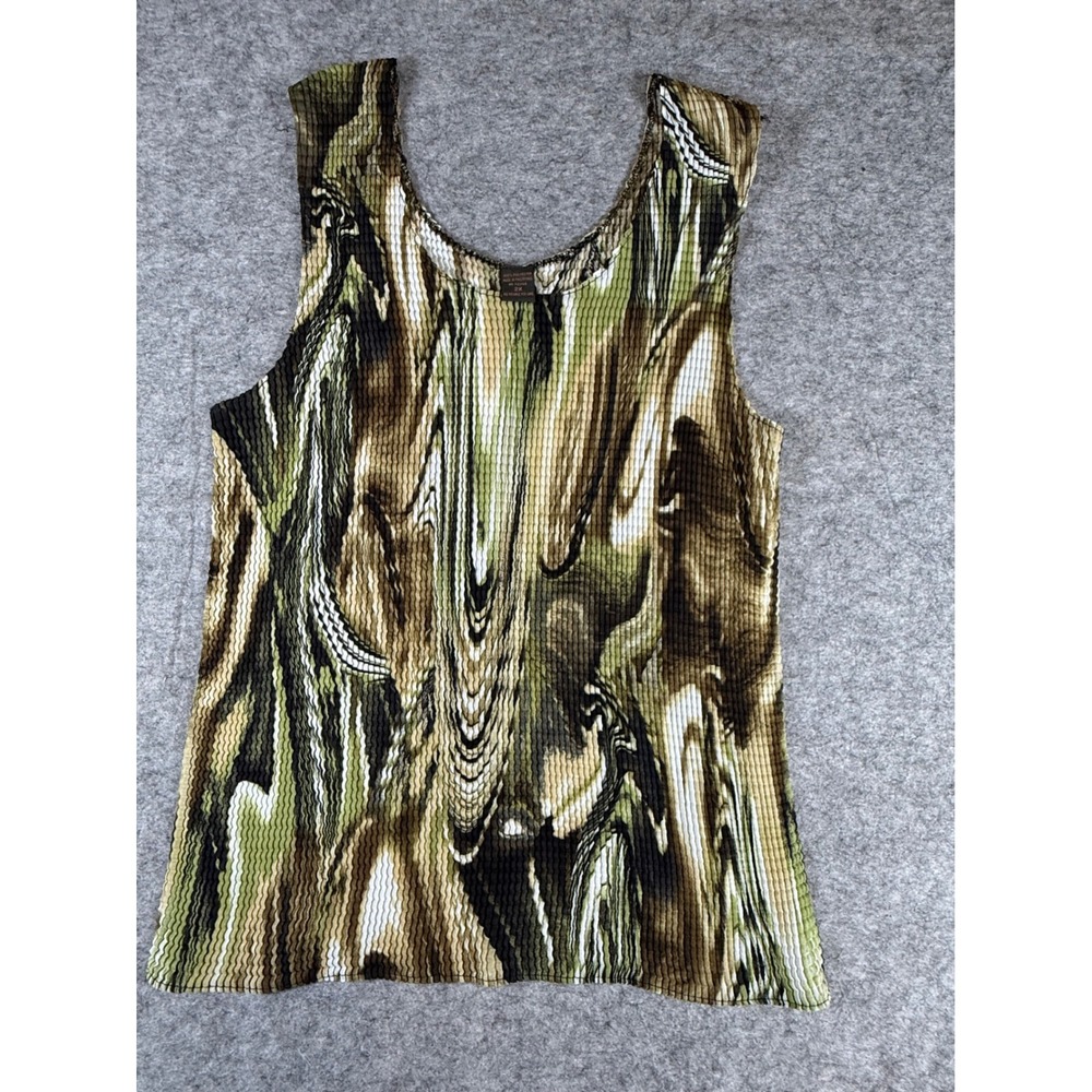 Stretchy  Pleated Tank Top Womens 2X Green Brown Abstract Marble Scoop Neck